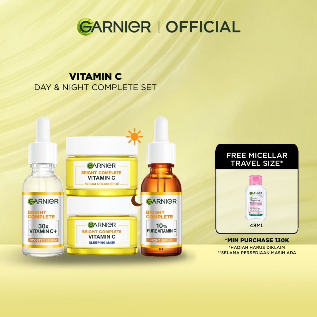 GARNIER Paket Skincare 1 set lengkap Complete Kit Vitamin C Serum 30 ml + Overnight Serum 30ml + Night Cream 50ml + Day Cream 50ml - Skincare Serum Mencerahkan Bundle Paket  moisturizer tone up pelembab wajah cream pemutih wajah glowing cepat