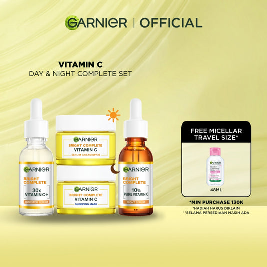 GARNIER Paket Skincare 1 set lengkap Complete Kit Vitamin C Serum 30 ml + Overnight Serum 30ml + Night Cream 50ml + Day Cream 50ml - Skincare Serum Mencerahkan Bundle Paket  moisturizer tone up pelembab wajah cream pemutih wajah glowing cepat