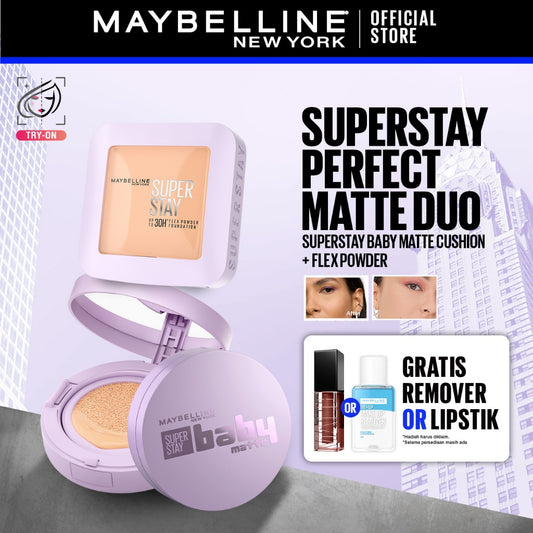 MAYBELLINE OFFICIAL Superstay Unbreakable Duo - Superstay Baby Matte Cushion + Superstay Flex Powder Foundation