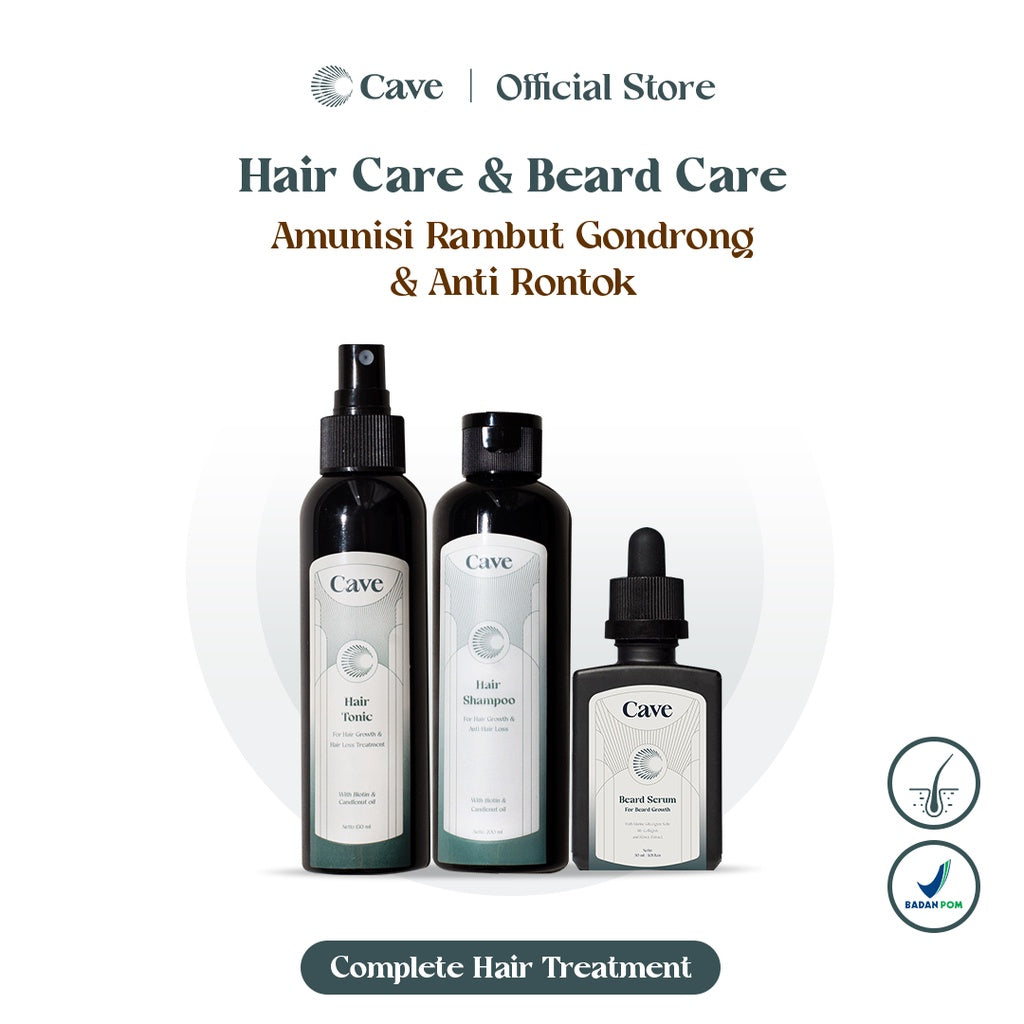 CAVE Hair Care + Beard Care -  Paket Penumbuh Pemanjang Pelebat Rambut Jambang Kumis Jenggot Brewok Pria Mengurangi Rontok & Kebotakan