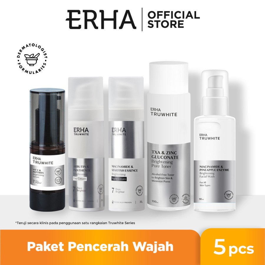 ERHA Truwhite Bundle Complete Brightening Series - Paket Lengkap 5PCS Hemat Serum, Day Night Cream Moisturizer, Toner & Face Wash Untuk Wajah Cerah Plumpy & Glowing  I Vitamin C/Vit , Niacinamide, Tranexamic Acid, Zinc Gluconate