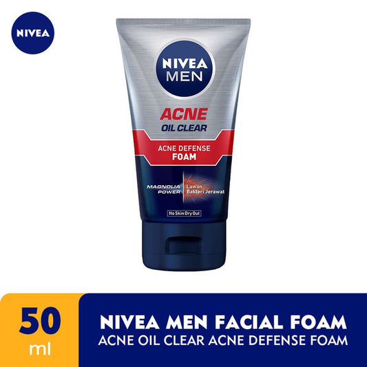 NIVEA MEN Facial Foam Oil Clear Acne Defense  50ml - Sabun cuci muka pria bebas jerawat anti bakteri pembersih wajah kulit berminyak face wash oily acne prone skin membersihkan komedo mengecilkan pori - Magnolia Power, L-Carnitine