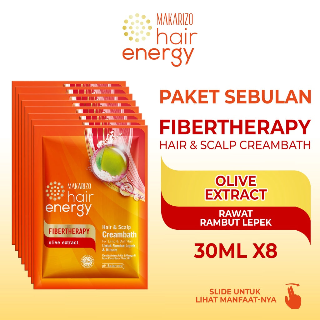 PAKET SEBULAN - Makarizo Hair Energy Fibertherapy Hair & Scalp Creambath Olive 30 mL x8