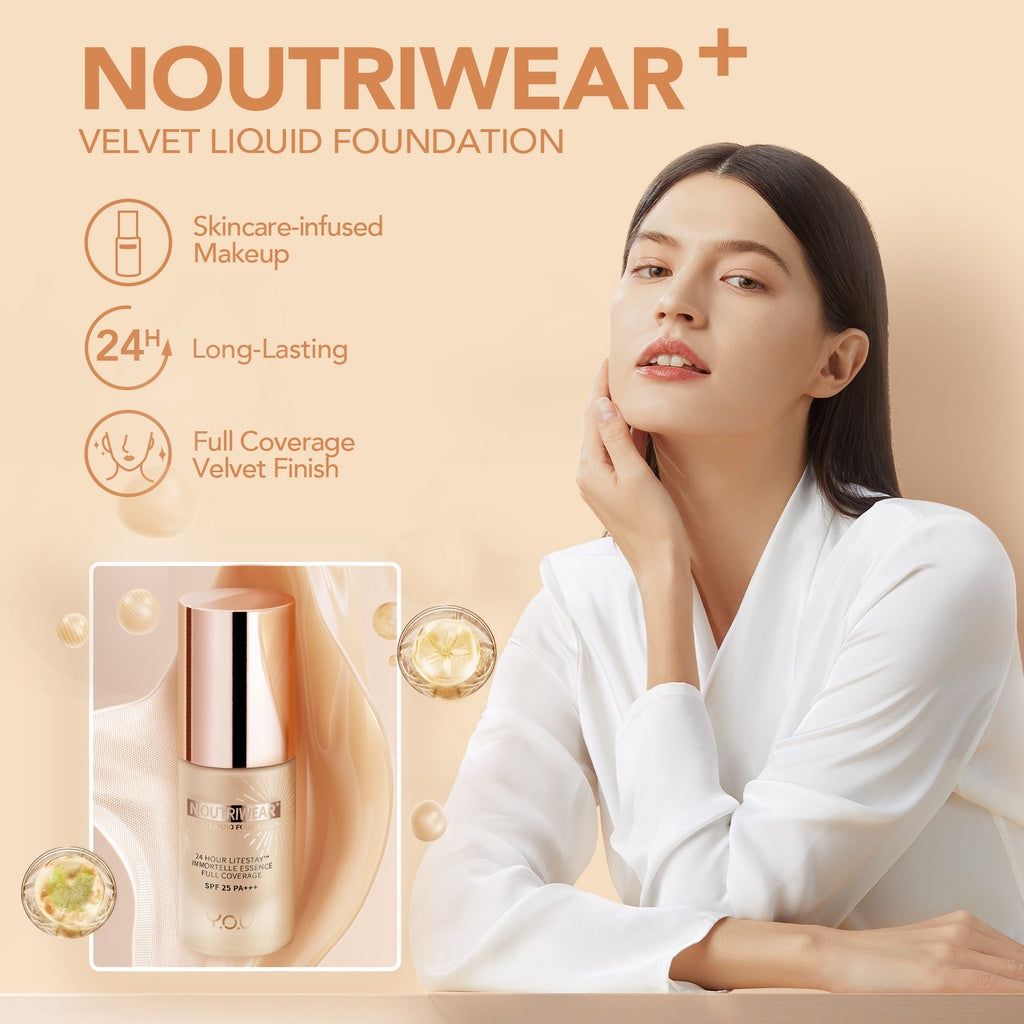 YOU 24H NoutriWear+ Velvet Liquid Foundation SPF Alas Bedak Perawatan Wajah Tahan Lama 24 Jam Full Coverage Kosmetik