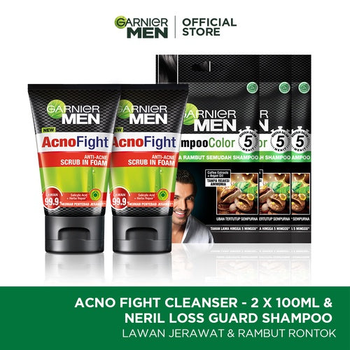 Garnier Men Acno Fight Anti-Acne Scrub In Foam 100ml x2 + Shampoo Color