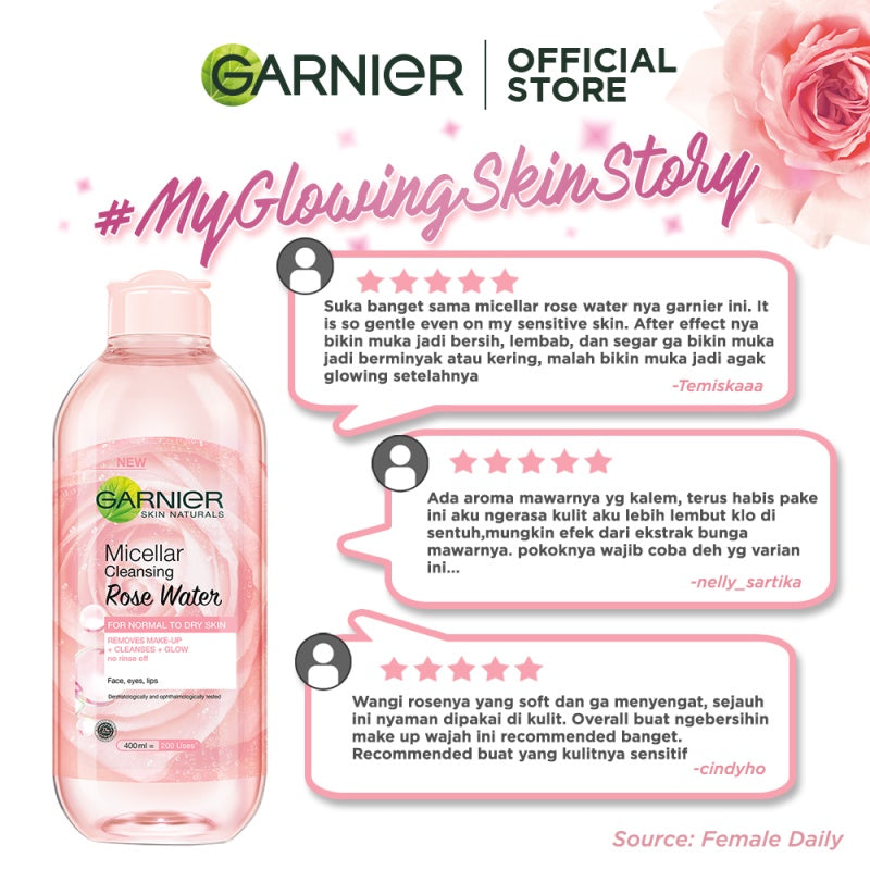 Garnier Micellar Rose Water Cleanse & Glow Skin Care 125ml (Make Up Remover Dengan Air Mawar) | Cocok Untuk Kulit Sensitif