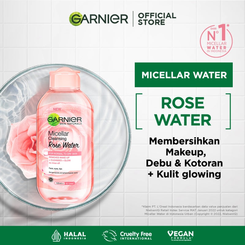 Garnier Micellar Rose Water Cleanse & Glow Skin Care 125ml (Make Up Remover Dengan Air Mawar) | Cocok Untuk Kulit Sensitif