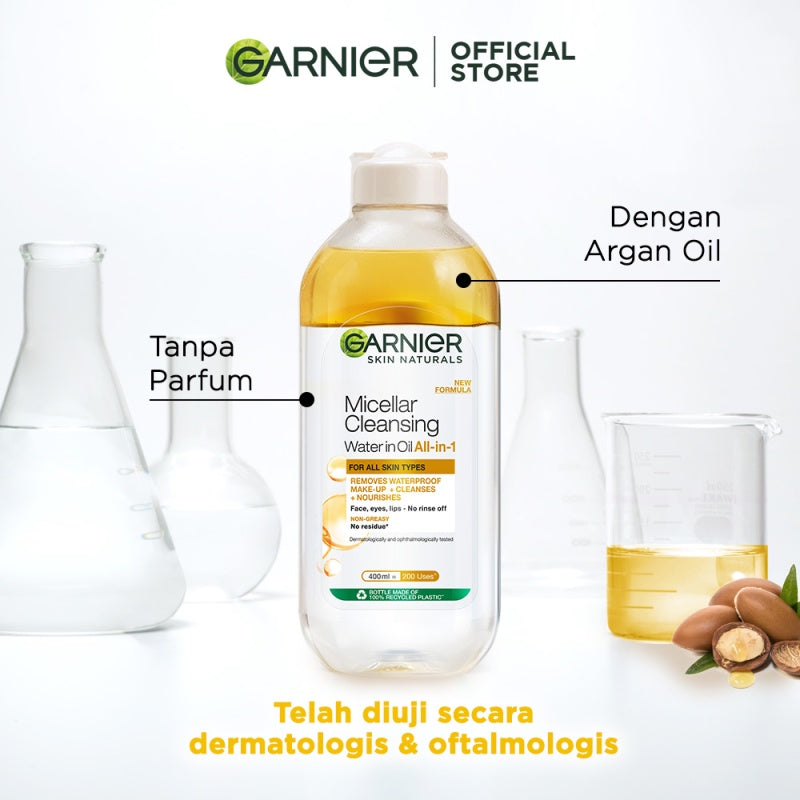 GARNIER Micellar Water Oil-Infused Skin Care 400ml Skincare Cleansing - Pembersih Wajah & Make up Waterproof untuk semua jenis kulit Micellar Cleansing Water