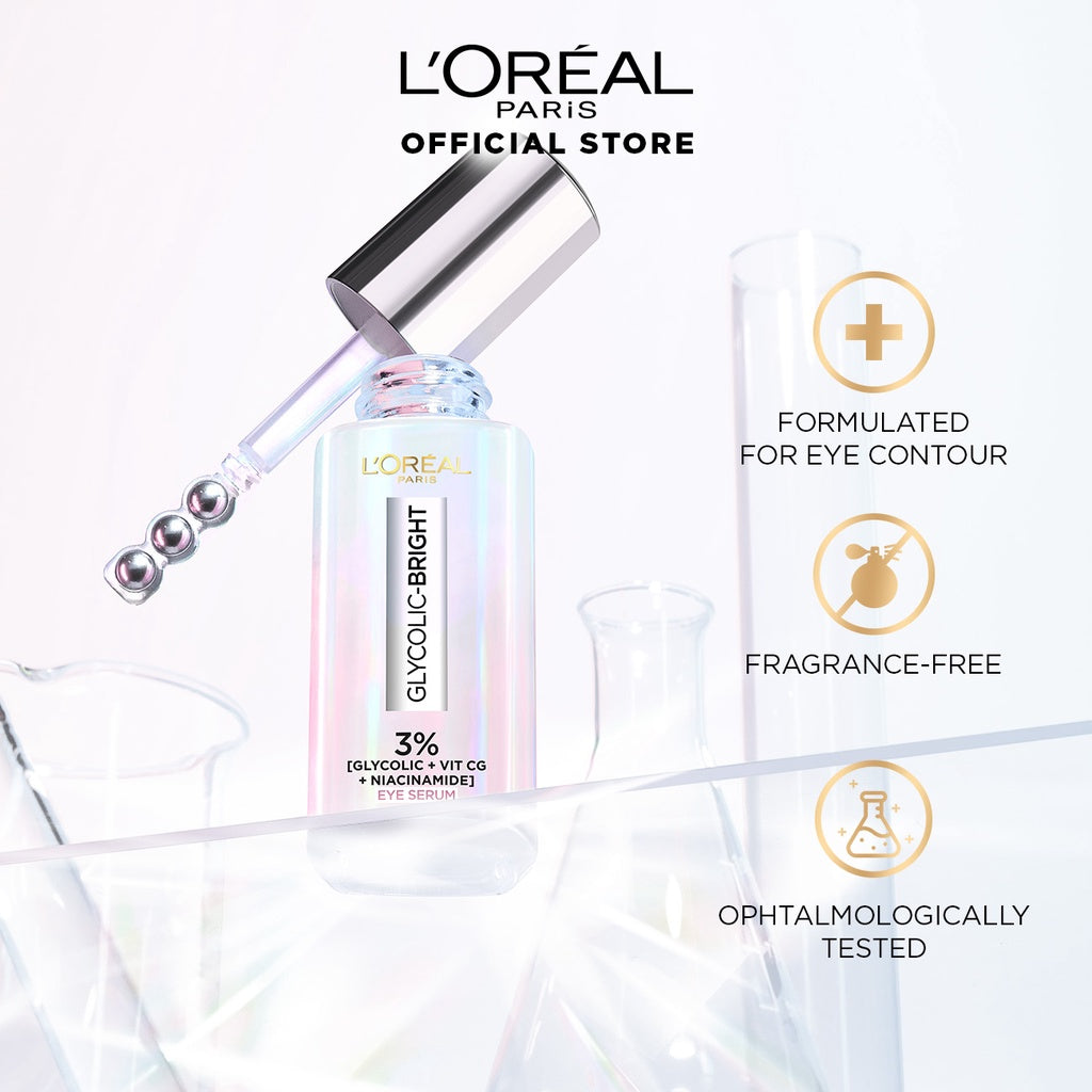L'Oreal Paris Glycolic Bright Dark Circle Eye Serum + Glycolic Bright Glowing Night Cream Skincare Kit (Menyamarkan Mata Panda dengan 3% Bahan Aktif - Glycolic + Niacinamide + Vit CG)