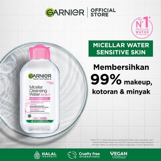 GARNIER Micellar Water Pink Skin Care 125ml Skincare Cleansing - Pembersih Wajah & Make up untuk Kulit Sensitif Micellar Cleansing Water
