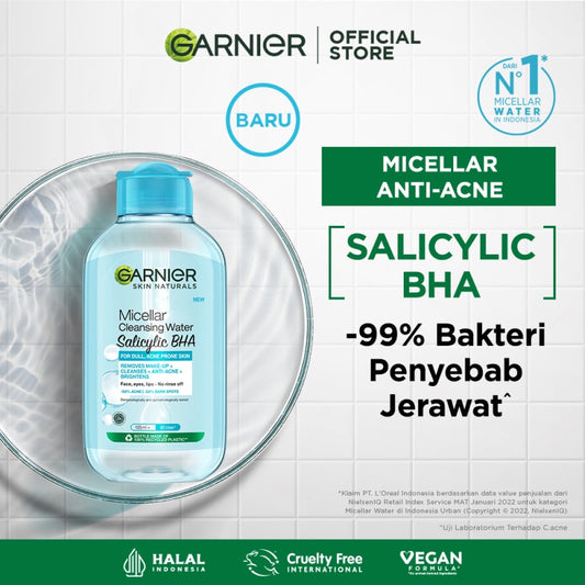 GARNIER Micellar Water Blue Salicylic Acid 125ml Skincare Cleansing - Skincare Pembersih Wajah & Make up untuk kulit berminyak jerawat Micellar Cleansing Water