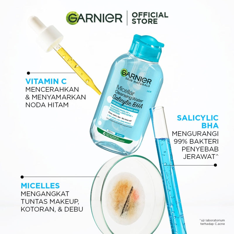 GARNIER Micellar Water Blue Salicylic Acid 125ml Skincare Cleansing - Skincare Pembersih Wajah & Make up untuk kulit berminyak jerawat Micellar Cleansing Water