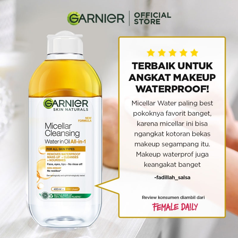 GARNIER Micellar Water Oil-Infused Skin Care 400ml Skincare Cleansing - Pembersih Wajah & Make up Waterproof untuk semua jenis kulit Micellar Cleansing Water