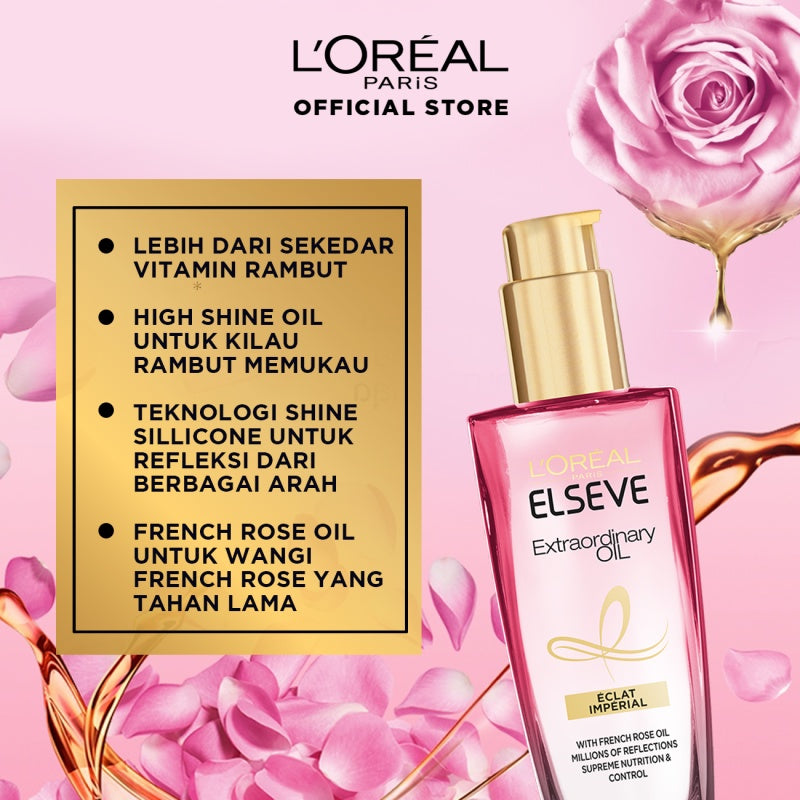 L'Oreal Paris Elseve Extraordinary Oil Pink Hair Serum & Hair Treatment - Rambut Halus Berkilau dalam Satu Pemakaian - Bunga Istimewa Omega 3- Perawatan Rambut Vitamin Rambut 100ml Rambut Kering Kusam Treatment Perawatan Hair Serum Hair Oil Minyak Rambut