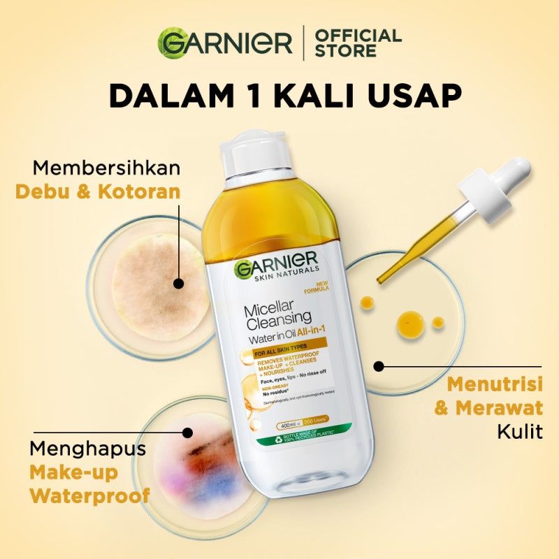 GARNIER Micellar Water Oil-Infused Skin Care 400ml Skincare Cleansing - Pembersih Wajah & Make up Waterproof untuk semua jenis kulit Micellar Cleansing Water