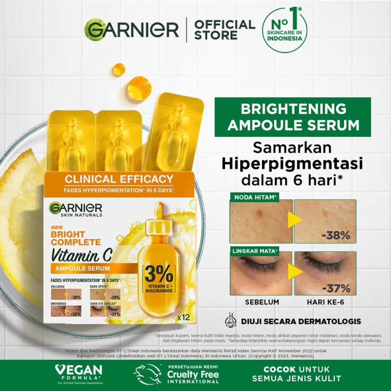 GARNIER Serum Vitamin C Bright Complete Vitamin C Ampoule Serum Skincare - 1.5 ml Serum Mencerahkan Wajah Cepat Cerahkan Noda Hitam Serum Wajah