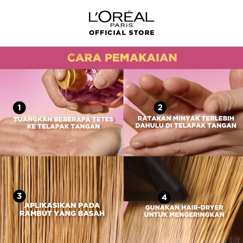 L'Oreal Paris Elseve Extraordinary Oil Pink Hair Serum & Hair Treatment - Rambut Halus Berkilau dalam Satu Pemakaian - Bunga Istimewa Omega 3- Perawatan Rambut Vitamin Rambut 100ml Rambut Kering Kusam Treatment Perawatan Hair Serum Hair Oil Minyak Rambut