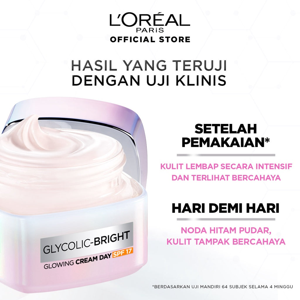 L'Oreal Paris Glycolic Bright Glowing Day Cream 50ml + Night Cream 50ml - Melembapkan dan Mencerahkan  Kulit Kusam, Noda Hitam, Bekas Jerawat, Eksfoliasi  Brightening day cream, cream flek hitam, cream pencerah