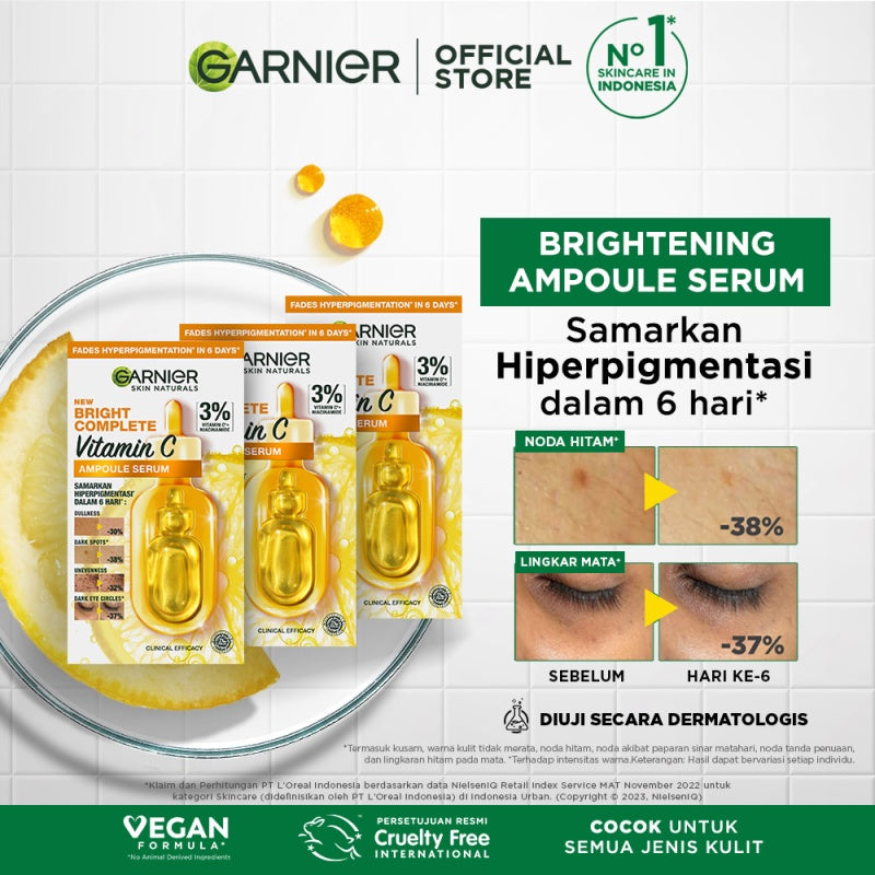 GARNIER Serum Vitamin C Bright Complete Vitamin C Ampoule Serum Skincare - 1.5 ml Serum Mencerahkan Wajah Cepat Cerahkan Noda Hitam Serum Wajah