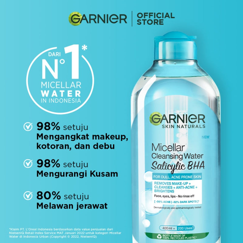 GARNIER Micellar Water Blue Salicylic Acid 125ml Skincare Cleansing - Skincare Pembersih Wajah & Make up untuk kulit berminyak jerawat Micellar Cleansing Water
