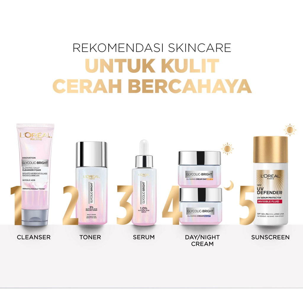 L'Oreal Paris Glycolic Bright Glowing Day Cream 50ml + Night Cream 50ml - Melembapkan dan Mencerahkan  Kulit Kusam, Noda Hitam, Bekas Jerawat, Eksfoliasi  Brightening day cream, cream flek hitam, cream pencerah