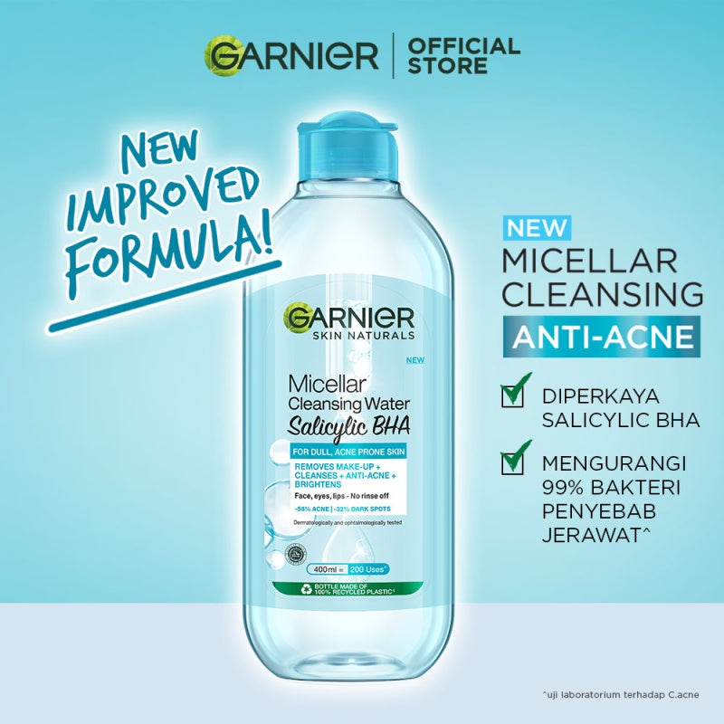 GARNIER Micellar Water Blue Salicylic Acid 125ml Skincare Cleansing - Skincare Pembersih Wajah & Make up untuk kulit berminyak jerawat Micellar Cleansing Water