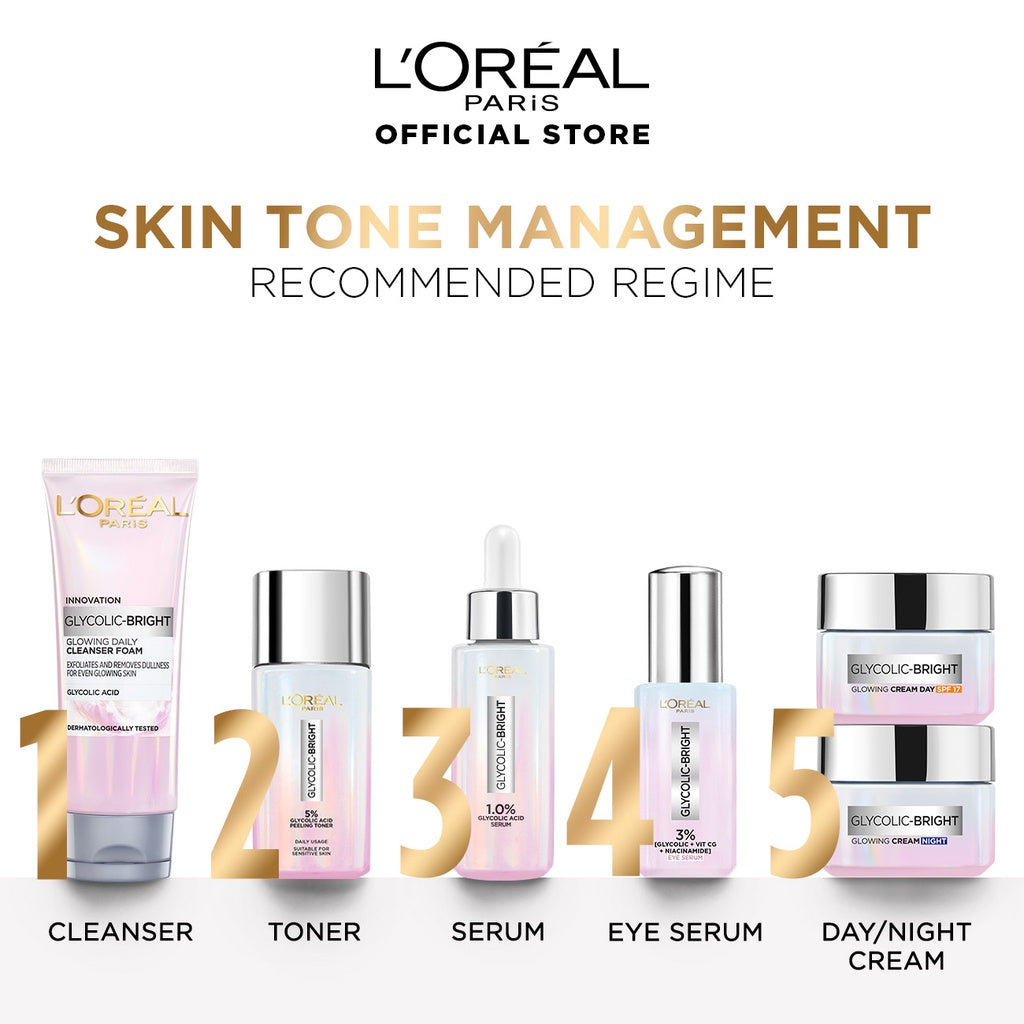 L'Oreal Paris Glycolic Bright Dark Circle Eye Serum + Glycolic Bright Glowing Night Cream Skincare Kit (Menyamarkan Mata Panda dengan 3% Bahan Aktif - Glycolic + Niacinamide + Vit CG)