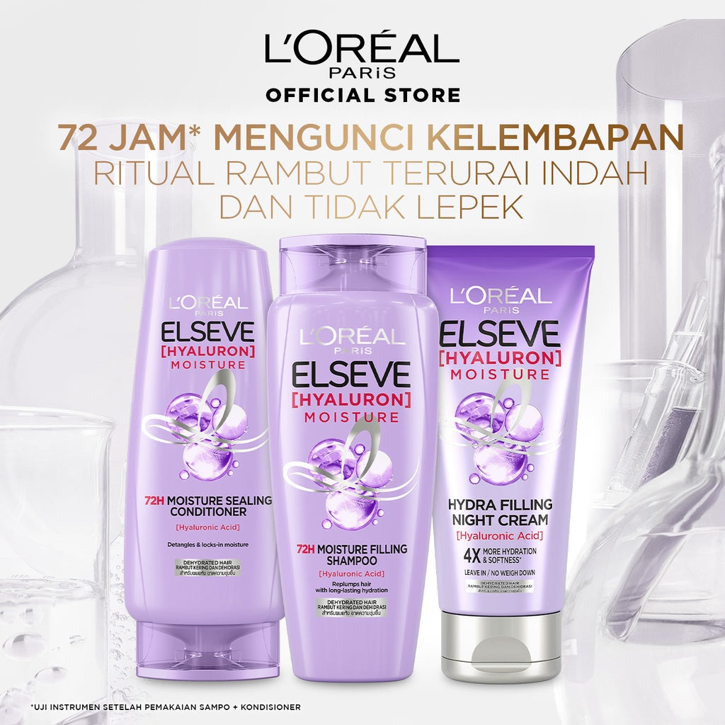 [PAKET LENGKAP] L’Oréal Paris ELSEVE Hyaluron Moisture Shampoo 280ml + Hyaluronic Conditioner 280ml + Hyaluronic Night Cream 150ml - Mengandung Hyaluronic Acid 72 Jam Mengunci Hidrasi Rambut - 4X Lebih Lembut, Rambut Terurai Indah dan Tidak Lepek 440ml
