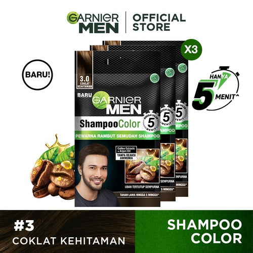 (PAKET HEMAT ISI 3) Garnier Men Shampoo Color Hair Color #3 Coklat Kehitaman - 20ml (Untuk Rambut Lebih Sehat Hingga 5 Minggu)