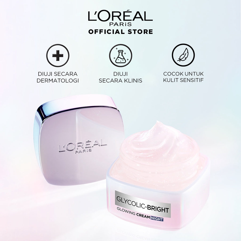 L'Oreal Paris Glycolic Bright Glowing Day Cream 50ml + Night Cream 50ml - Melembapkan dan Mencerahkan  Kulit Kusam, Noda Hitam, Bekas Jerawat, Eksfoliasi  Brightening day cream, cream flek hitam, cream pencerah