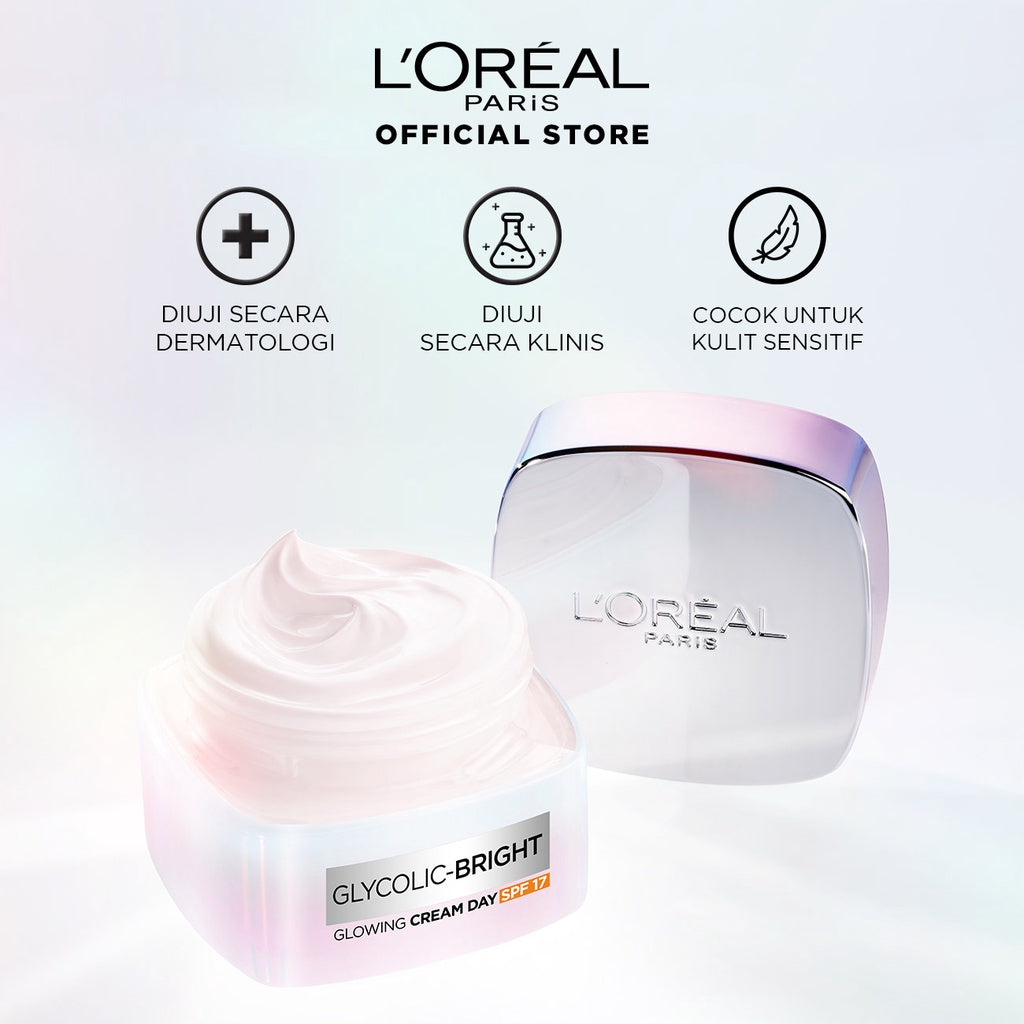 L'Oreal Paris Glycolic Bright Glowing Day Cream 50ml + Night Cream 50ml - Melembapkan dan Mencerahkan  Kulit Kusam, Noda Hitam, Bekas Jerawat, Eksfoliasi  Brightening day cream, cream flek hitam, cream pencerah