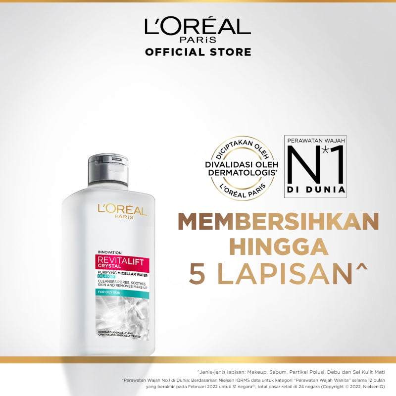 L'Oreal Paris Revitalift Crystal Purifying Micellar Water Skin Care - 95/400ml (Membersihkan Sampai Ke Pori, Menghapus Makeup & Menenangkan Kulit)