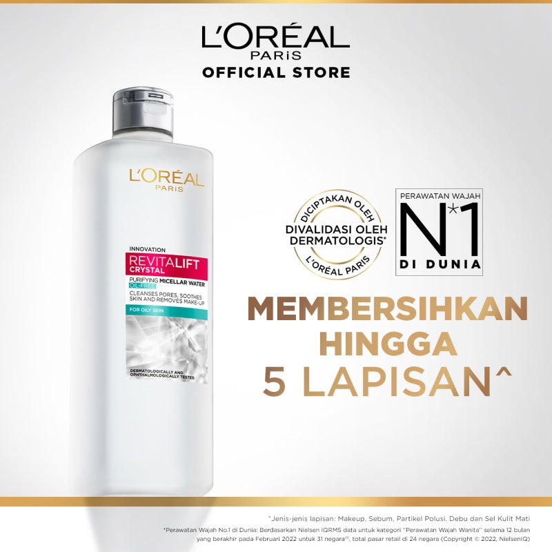 L'Oreal Paris Revitalift Crystal Purifying Micellar Water Skin Care - 95/400ml (Membersihkan Sampai Ke Pori, Menghapus Makeup & Menenangkan Kulit)