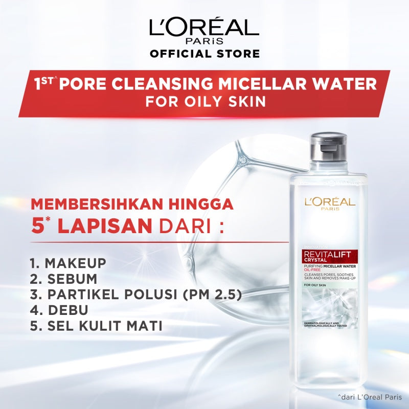 L'Oreal Paris Revitalift Crystal Purifying Micellar Water Skin Care - 95/400ml (Membersihkan Sampai Ke Pori, Menghapus Makeup & Menenangkan Kulit)
