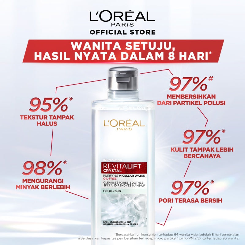 L'Oreal Paris Revitalift Crystal Purifying Micellar Water Skin Care - 95/400ml (Membersihkan Sampai Ke Pori, Menghapus Makeup & Menenangkan Kulit)