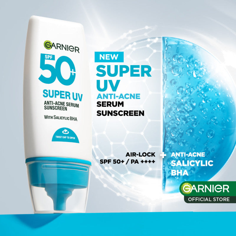 GARNIER Super UV Anti-Acne Serum Sunscreen SPF50+ PA++++ Salicylic Acid Lawan Jerawat BHA 30ml sunscreen spf 50 pa ++++ untuk kulit berminyak, berjerwat, memudarkan bekas jerawat