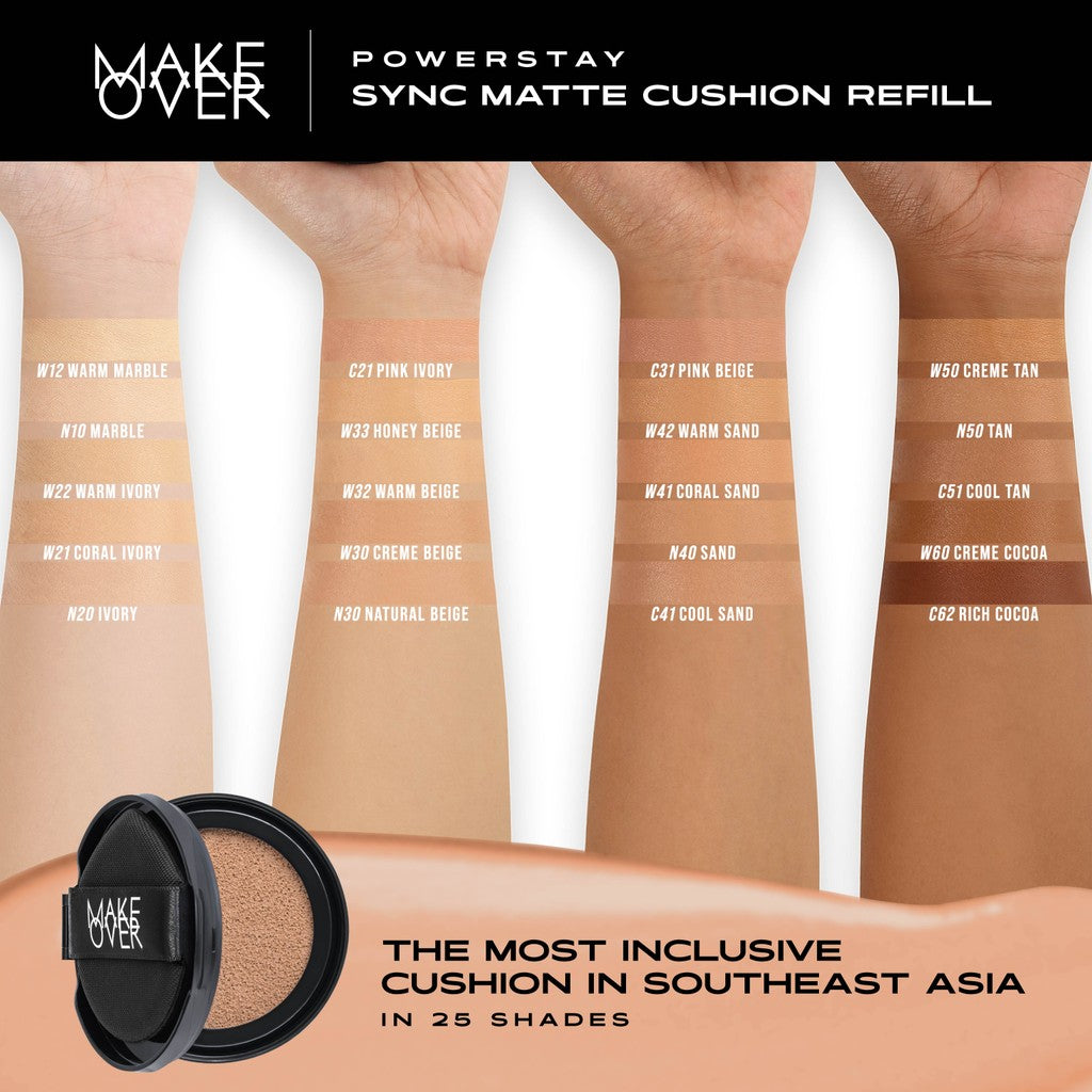 [SPECIAL 11.11] NEW! MAKE OVER REFILL Powerstay Sync Matte Cushion - Smart AI Matte Cushion High Coverage Zero Oxidation Oil Control Foundation Compact Makeup Concealer Skin Tint long lasting time less stain with euphoria