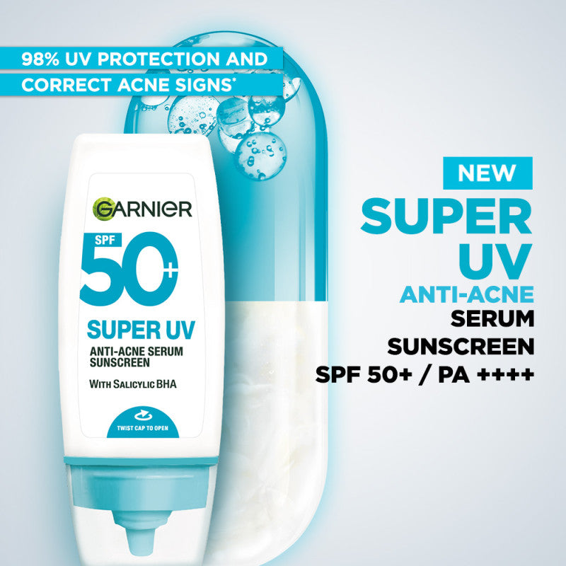 GARNIER Super UV Anti-Acne Serum Sunscreen SPF50+ PA++++ Salicylic Acid Lawan Jerawat BHA 30ml sunscreen spf 50 pa ++++ untuk kulit berminyak, berjerwat, memudarkan bekas jerawat