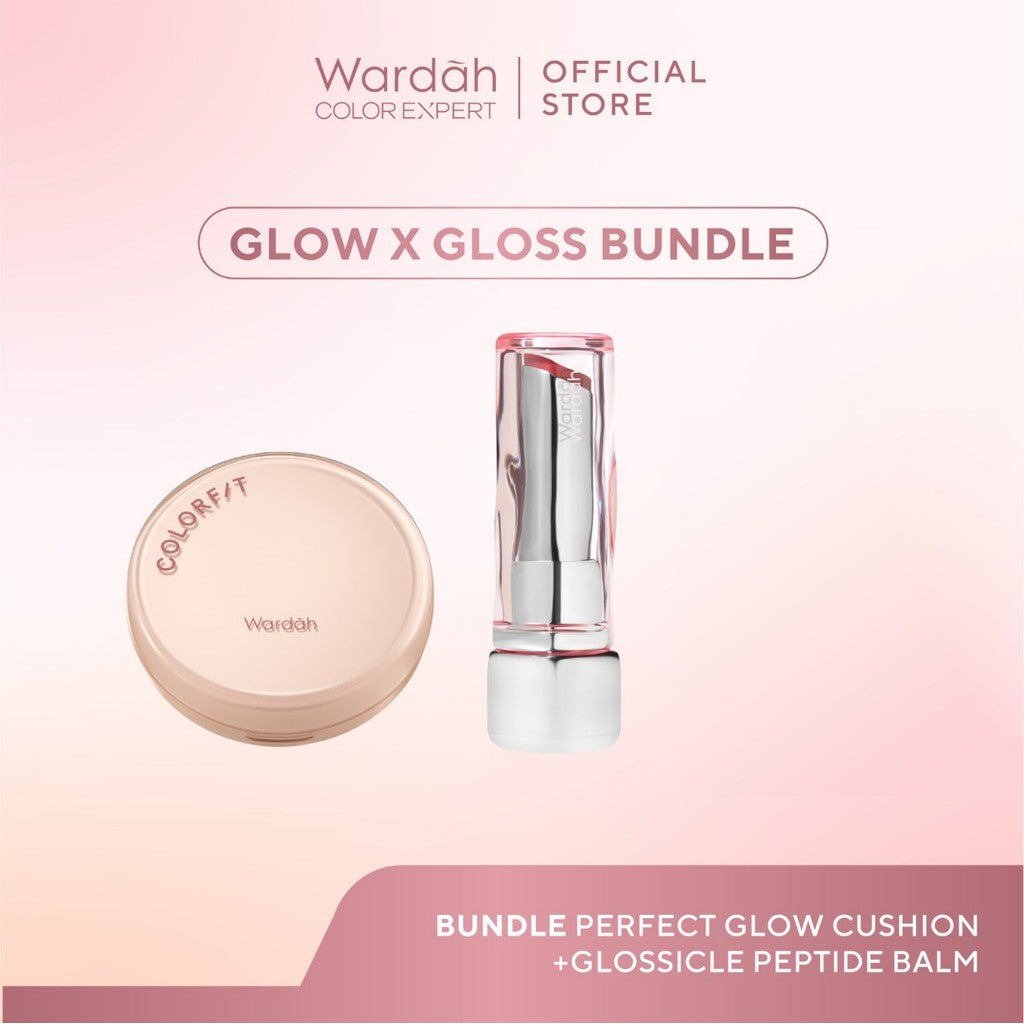 Wardah Paket Glow x Gloss - Colorfit Perfect Glow Cushion + NEW! Glossicle Peptide Balm - Cushion Tahan Lama - Lip Balm Melembabkan Makeup - Tahan Lama dengan Makeup