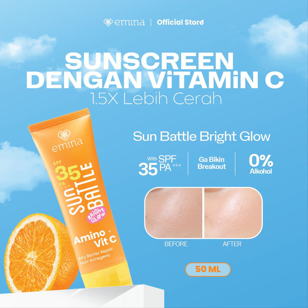 [TINTINTINWIN' PICK] [TWIN PACK] Emina Sun Battle Bright Glow SPF 35 PA+++ 50 ml 2pcs - Paket Dua Sunscreen Serum Amino Vitamin C - Cerah, Ringan, Hydrating Teruji In Vivo Non acnegenic, Non-Comedogenic, Cocok semua jenis kulit
