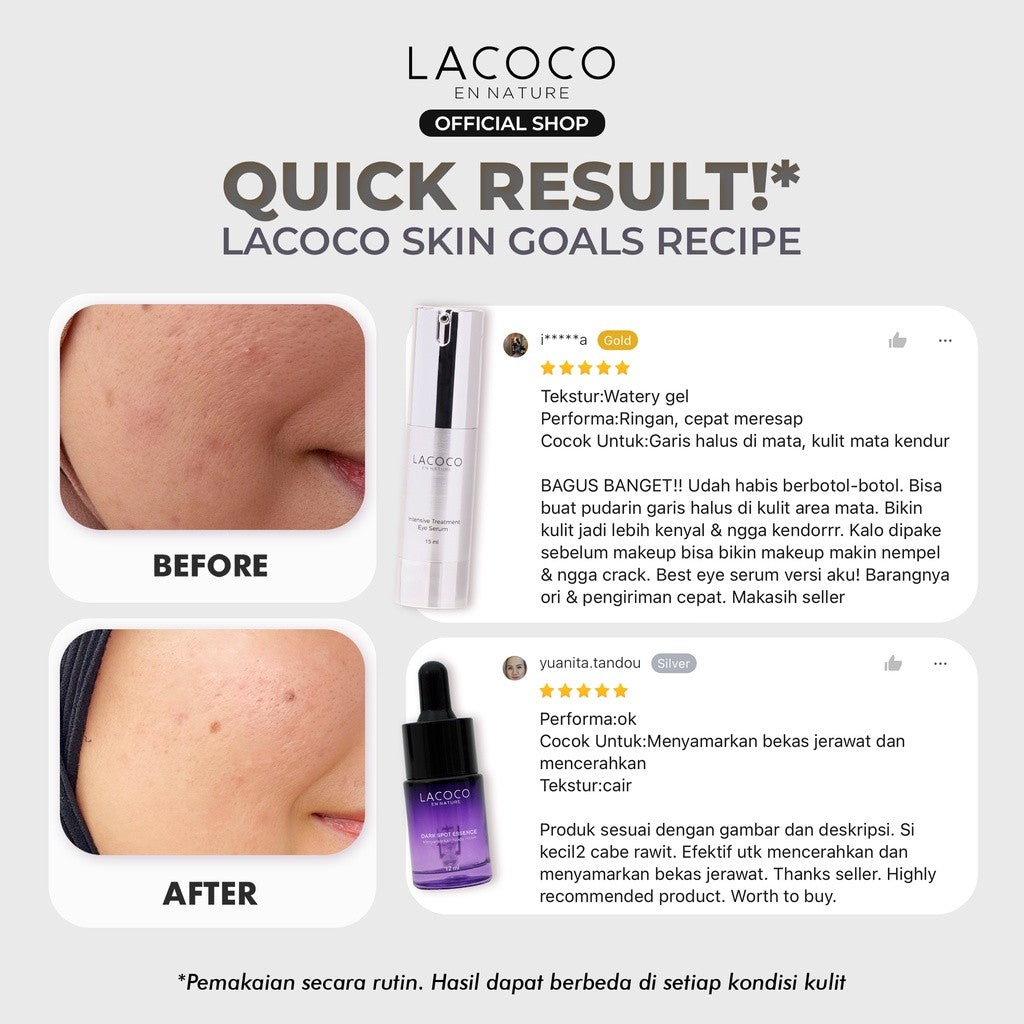 Lacoco Skin Goals Recipe (Dark Spot Essence + Intensive Treatment Eye Serum) - Set untuk Eksfoliasi wajah dan Mengurangi Kantung Mata