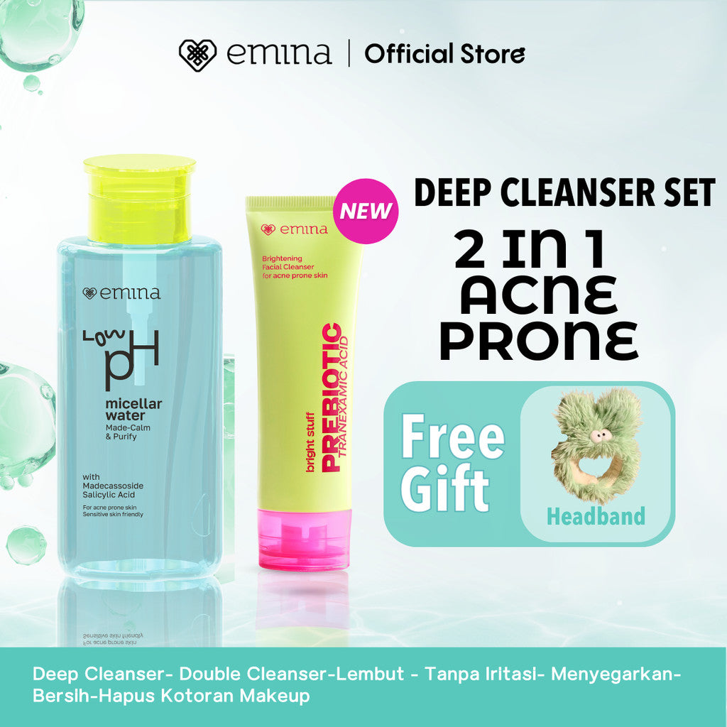 [Paket Deep Cleanser Free Gift ] Paket 8 in 1 2 in 1  Paket 3 in 1 Deep Cleanser Emina HyaluBright & Smooth Low PH Micellar Water 300ml- Face Wash Serum Toner Moisturizer Sunscreen -Lembut - Tanpa Iritasi- Menyegarkan- Bersih-Hapus Kotoran Makeup