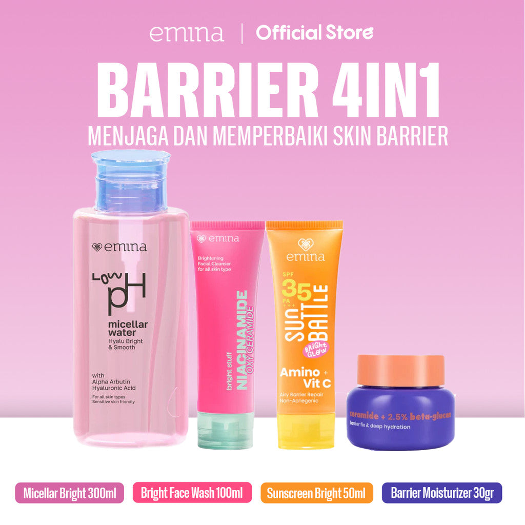 Emina Barrier Set Bundle All in 7 PCS PAKET SKINCARE HYALUBRIGHT MICELLAR WATER- BRIGHT STUFF FACE WASH- BRIGHT STUFF FACE TONER-GLORAD SERUM-BARRIER GEL-BRIGHT STUFF EXFOILATING TONER-SUN BATTLE BRIGHT GLOW