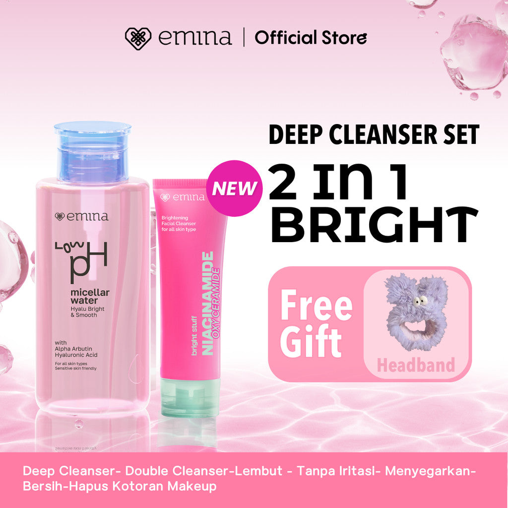 [Paket Deep Cleanser Free Gift ] Paket 8 in 1 2 in 1  Paket 3 in 1 Deep Cleanser Emina HyaluBright & Smooth Low PH Micellar Water 300ml- Face Wash Serum Toner Moisturizer Sunscreen -Lembut - Tanpa Iritasi- Menyegarkan- Bersih-Hapus Kotoran Makeup
