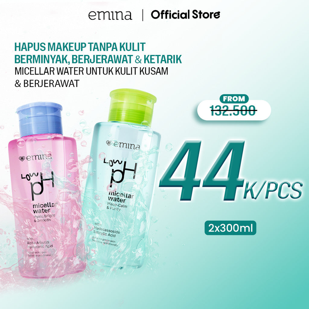 Emina Low pH Micellar Water  untuk Kulit Berminyak dan Berjerawat Sensitif 125ml & 300ml | Salicylic Acid Pembersih Wajah Gentle Makeup Remover Double Cleansing for Acne-Oily Prone Skin Oil Control Moisturizer Sunscreen Mencerahkan
