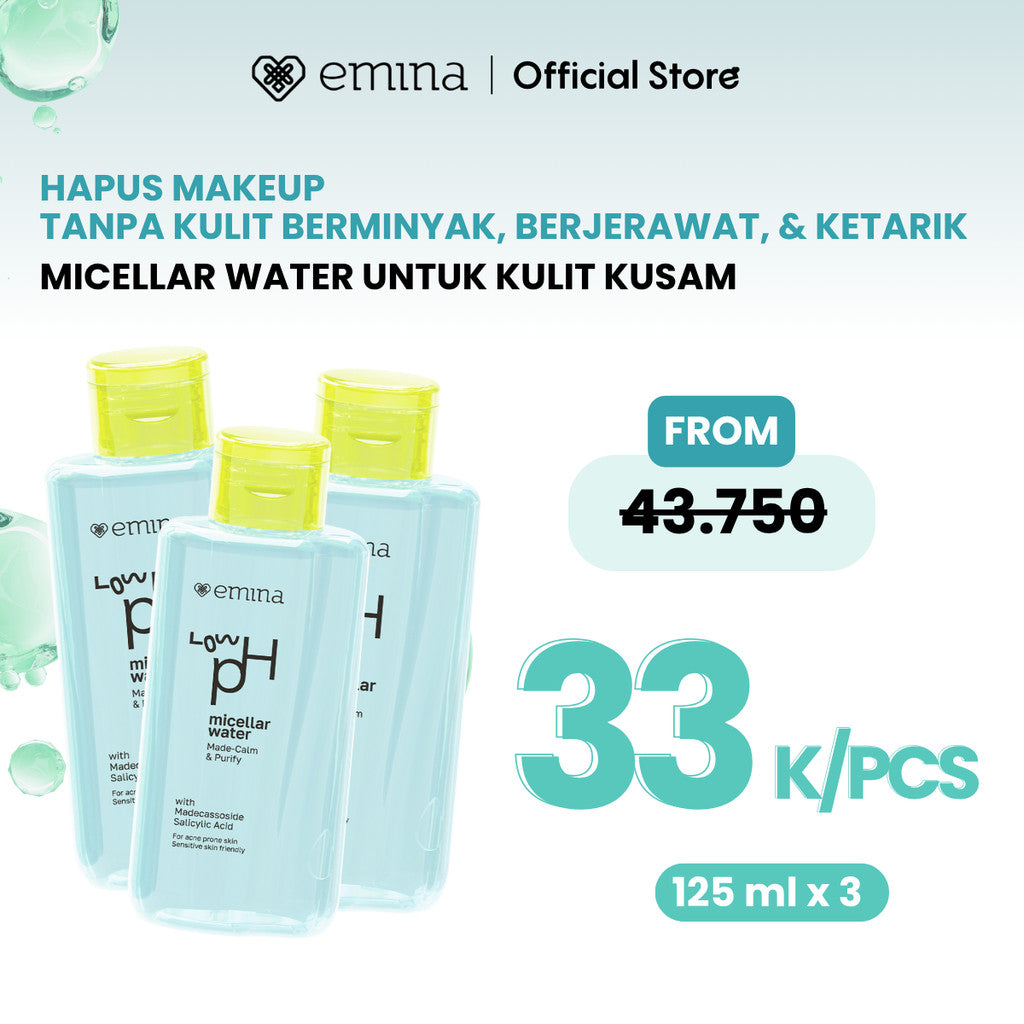 Emina Low pH Micellar Water  untuk Kulit Berminyak dan Berjerawat Sensitif 125ml & 300ml | Salicylic Acid Pembersih Wajah Gentle Makeup Remover Double Cleansing for Acne-Oily Prone Skin Oil Control Moisturizer Sunscreen Mencerahkan