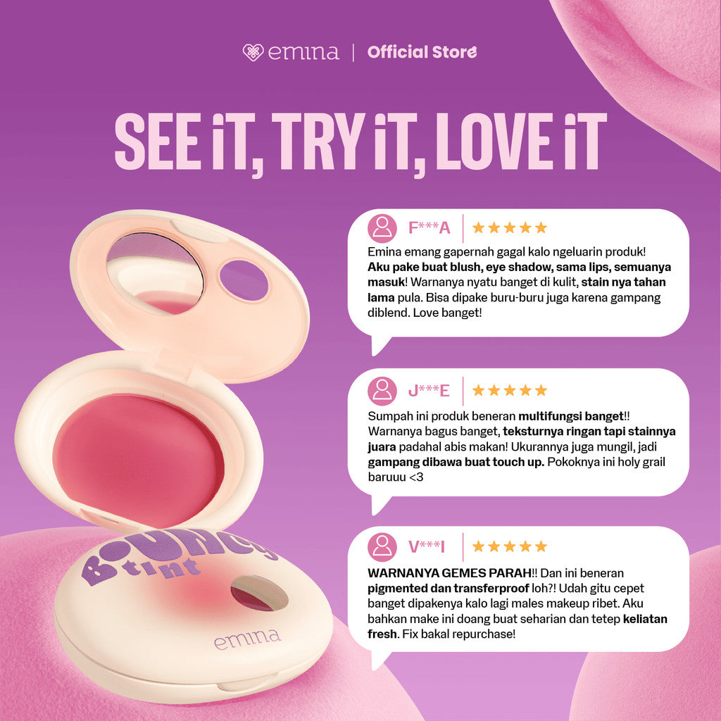 NEW! Emina Bouncy Tint 3 in 1 Lip, Cheek, & Eye - Blurry Lip Color, Lasting Stain, dilengkapi dengan SPF 15 PA+++, Marshmallow Mochi Pudding Longlasting Blush On Lip Tint Eye Shadow