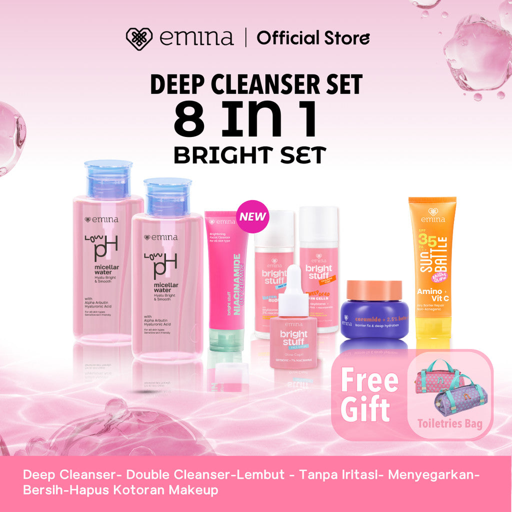 [Paket Deep Cleanser Free Gift ] Paket 8 in 1 2 in 1  Paket 3 in 1 Deep Cleanser Emina HyaluBright & Smooth Low PH Micellar Water 300ml- Face Wash Serum Toner Moisturizer Sunscreen -Lembut - Tanpa Iritasi- Menyegarkan- Bersih-Hapus Kotoran Makeup