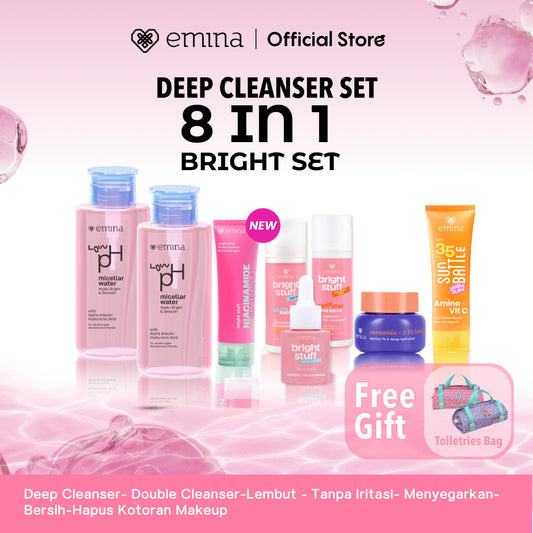 [Paket Deep Cleanser Free Gift ] Paket 8 in 1 2 in 1  Paket 3 in 1 Deep Cleanser Emina HyaluBright & Smooth Low PH Micellar Water 300ml- Face Wash Serum Toner Moisturizer Sunscreen -Lembut - Tanpa Iritasi- Menyegarkan- Bersih-Hapus Kotoran Makeup