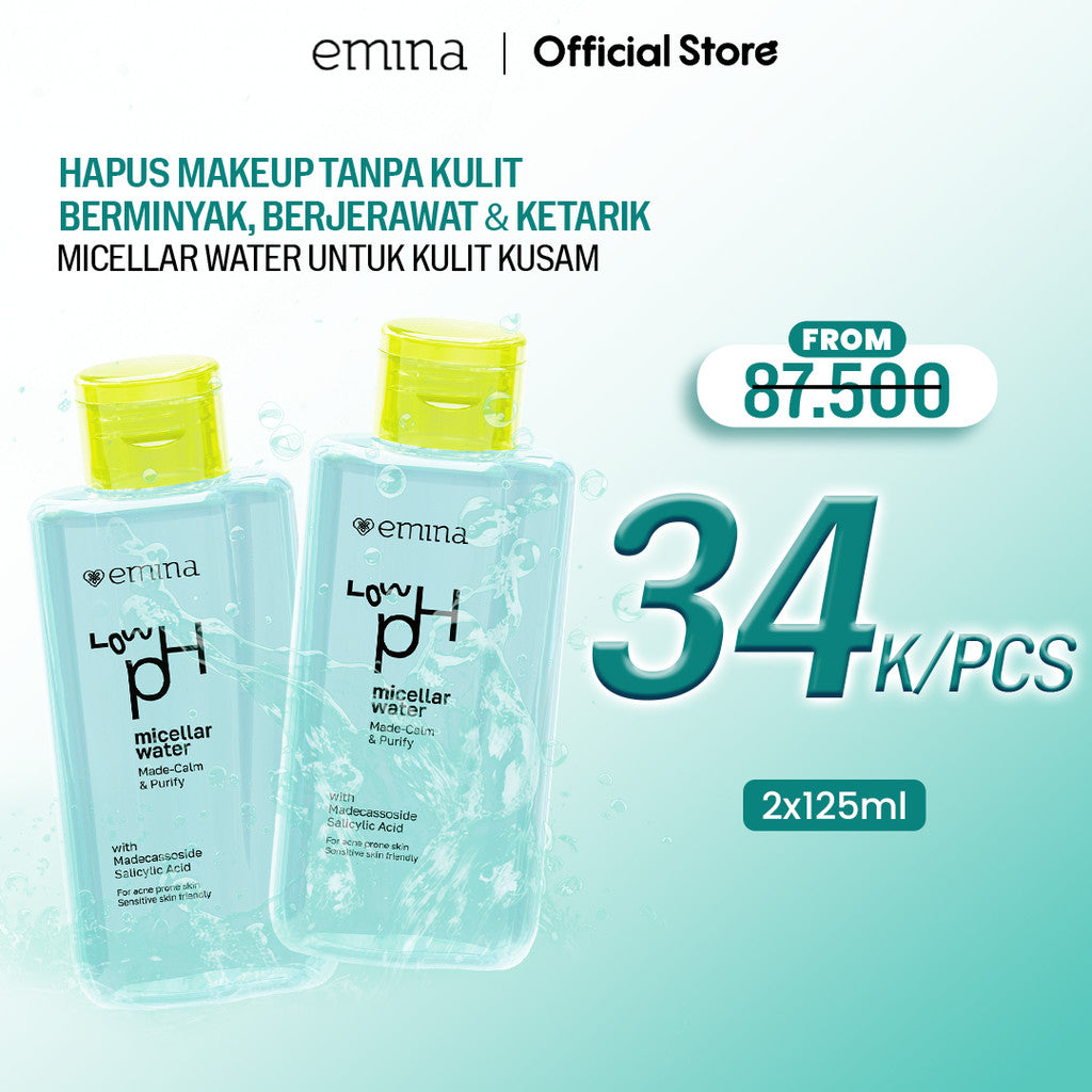Emina Low pH Micellar Water  untuk Kulit Berminyak dan Berjerawat Sensitif 125ml & 300ml | Salicylic Acid Pembersih Wajah Gentle Makeup Remover Double Cleansing for Acne-Oily Prone Skin Oil Control Moisturizer Sunscreen Mencerahkan